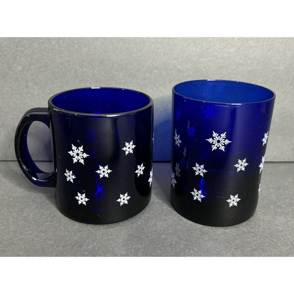 Libbey Snowflake Coffee Mug & Highball Glass Cobalt Blue White Glass